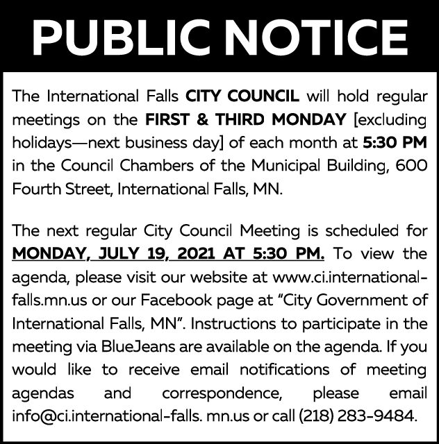 CITY OF I FALLS 3X5 COUNCIL MEETING NOTICE