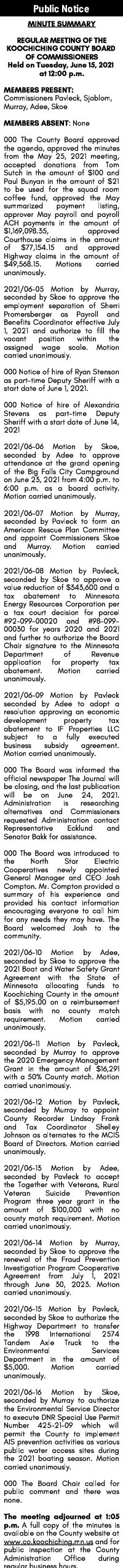 KOOCH COUNTY 1X20 PUBLIC MINUTES SUMMARY